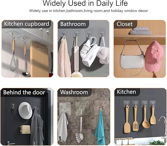 Adove Adhesive Hooks for Hanging, Heavy Duty Wall Hooks 20 Pack, Removable Sticky Ceiling Hooks, Transparent Self Adhesive Shower Hooks, Water & Oil Proof Strong 22lb(Max) Door Coat Hooks