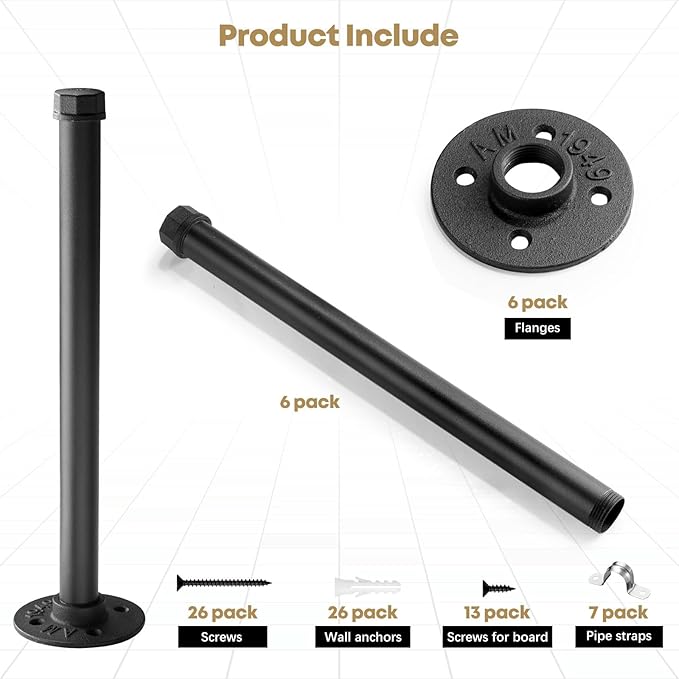 Industrial Pipe Clothing Rack 12 Inch 6 Pack, Wall Mounted Clothes Rack-Pipe Shelf Brackets Heavy Duty Closet Rod for Hanging Clothes Rustic Metal Garment Holder Shelving