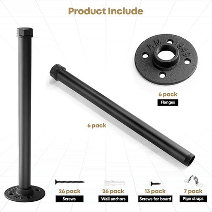 Industrial Pipe Clothing Rack 12 Inch 6 Pack, Wall Mounted Clothes Rack-Pipe Shelf Brackets Heavy Duty Closet Rod for Hanging Clothes Rustic Metal Garment Holder Shelving