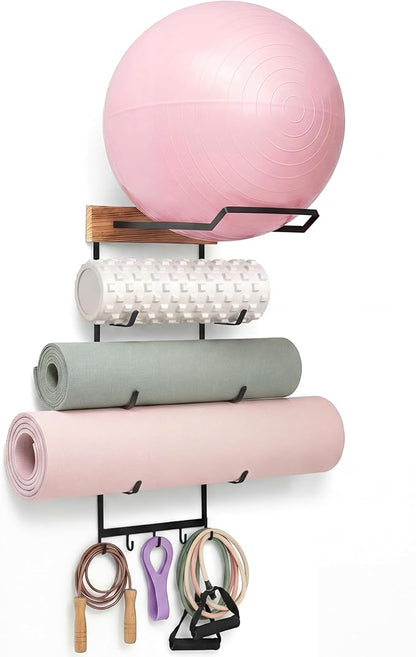 Geelin Yoga Mat and Ball Holder Wall Mount, 4 Tiers Yoga Mats and Ball Storage Rack, Home Gym Accessories Organizer, Black Metal Floating Shelf & 5 Hooks for Hanging Foam Rollers and Resistance Bands