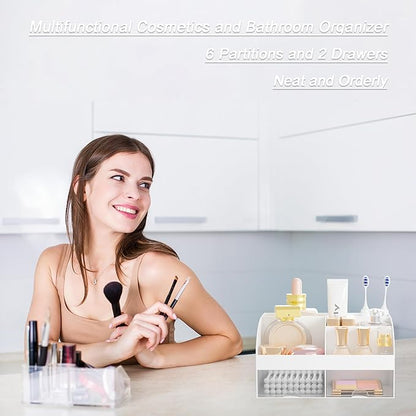 Makeup Organizer with 2 Drawers, Cosmetic Storage for Dresser Vanity and Bathroom Countertop,Make up organization and Skincare Storage with Beauty Brush Holder, Cosmetic Display Case 2Pcs White