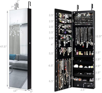 Giantex Wall Door Mounted Jewelry Armoire Cabinet with 47.5" H Full Length Mirror, 2 LEDs Lockable Jewelry Organizer Box with Bracelet Rod, 2 Drawers, Large Storage Capacity (Black)