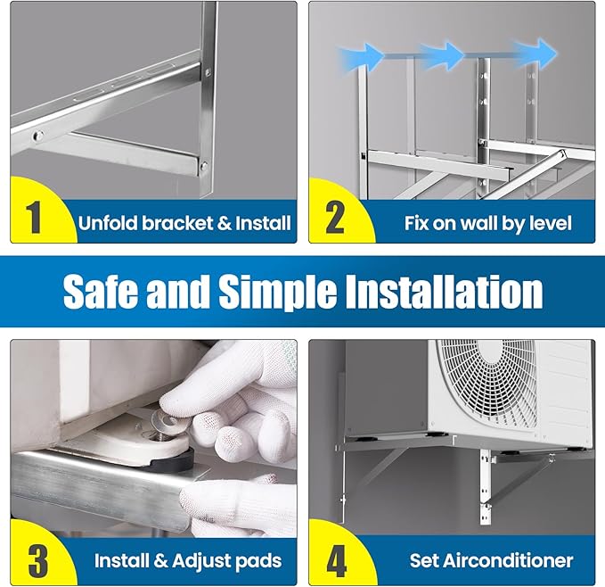 Mini Split Wall Mounting Bracket for 9000-24000 BTU Air Conditioner, Foldable Heavy Duty AC Support Bracket for Wall Mount Condenser AC Heat Pump Systems, 201 Stainless Steel Max 500 Lb