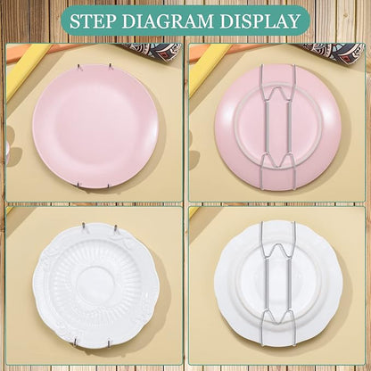 Hotop 12 Pieces Plate Hangers for Wall Stainless Steel Wire Invisible Heavy Duty Plate Hangers Display Holders with 12 Pieces Hooks for Wall Decorative(8/12/14 Inch,Silver)