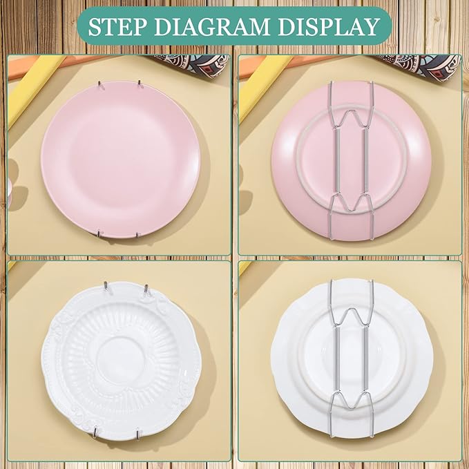 Hotop 12 Pieces Plate Hangers for Wall Stainless Steel Wire Invisible Heavy Duty Plate Hangers Display Holders with 12 Pieces Hooks for Wall Decorative(4-5 Inch,Silver)