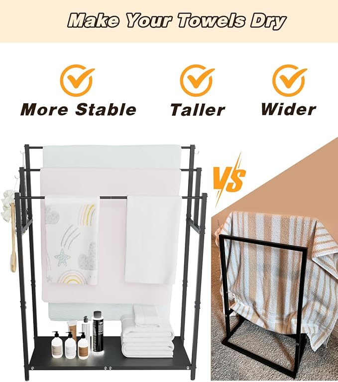 44” Tall Free Standing Towel Racks with 6 Hooks for Bathroom, 3 Tiers Oversized Pool Bath Towels Drying Stand, Metal Blanket Ladder Holder with Storage Shelf for Bedroom Living Room, Black