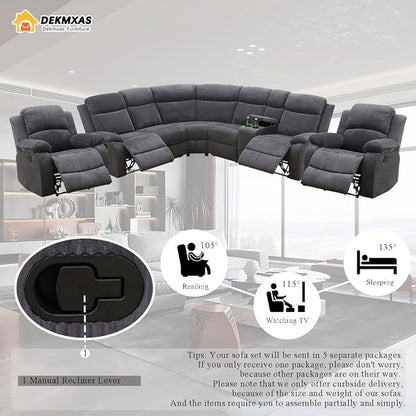 Reclining Sofa Couches with 4 Recliner Seats, 5 Pieces Living Room Furniture Sets, Dark Grey Corduroy Fabric Recliner Sectional Sofa Set with Drop-Down Table, Cup Holder,Storage Console