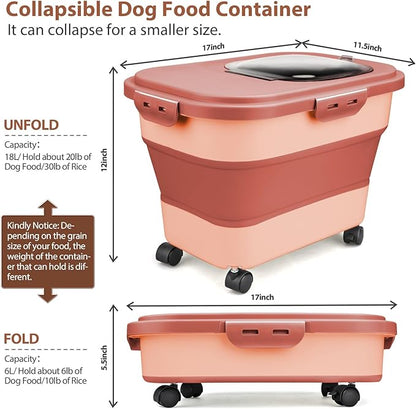 Dog Food Storage Container, 10-20Lbs Collapsible Pet Food Storage Containers with Rolling Wheel Airtight Locking Lid, Dry Food Storage Bin with Cup and Scoop,Suitable for Pet Food, Rice, Flour