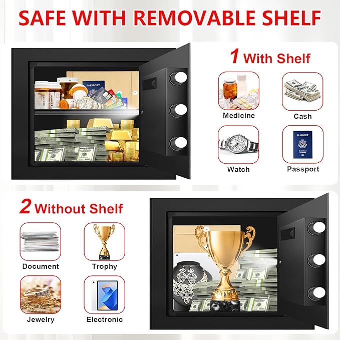 1.3 Cuft Small Home Safes Water and Fireproof, Anti-theft Safes for Home Use Fire and Water Proof with Combination Lock, Smart Alert System and Removable Shelf, Digital Document Safe for Jewelry Money