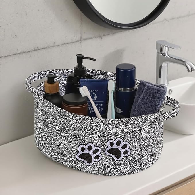 Small Woven Cotton Rope Nursery Organizer Bins, Dog Toy Basket Bins with Handle, Cute Empty Baby Gift Storage Baskets with Paw