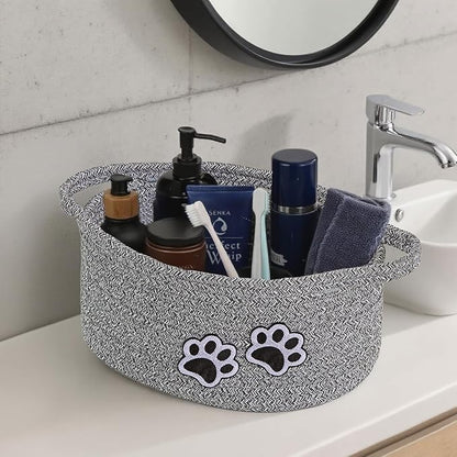 Small Woven Cotton Rope Nursery Organizer Bins, Dog Toy Basket Bins with Handle, Cute Empty Baby Gift Storage Baskets with Paw