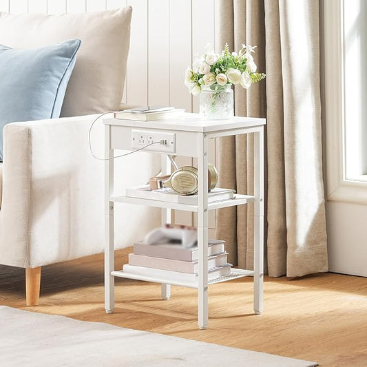 HOOBRO Side Table with Charging Station and USB Port, Small End Table for Small Space, 3-Tier Nightstand with Adjustable Shelf, for Living Room, Bedroom and Balcony, White WW112BZ01