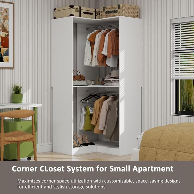 Corner Closet System, 31" Corner Closet Organizer With 3 Hanging Rods, Wood Walk In Closet System for Small Space, L Shaped Corner Closet, White