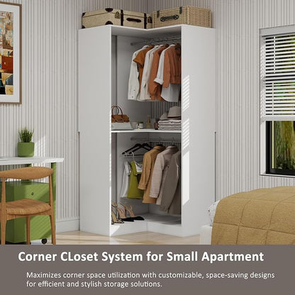 Corner Closet System, 31" Corner Closet Organizer With 3 Hanging Rods, Wood Walk In Closet System for Small Space, L Shaped Corner Closet, White