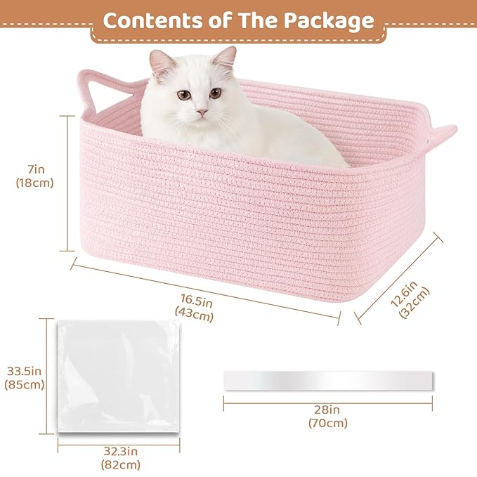Large Empty Gift Baskets for Baby Shower, 16.5" L x 12.6" W x 7" H Cute Woven Storage Basket with Gift Bags and Ribbons, Small Rope Toy Basket with Handles, Cat Dog Pet Toy Organizer - Pink