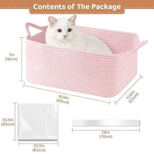 Large Empty Gift Baskets for Baby Shower, 16.5" L x 12.6" W x 7" H Cute Woven Storage Basket with Gift Bags and Ribbons, Small Rope Toy Basket with Handles, Cat Dog Pet Toy Organizer - Pink