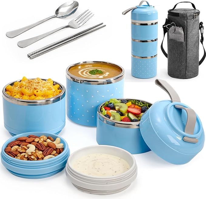 Yopay 3 Tier Insulated Stainless Steel Lunch Box, Portion Control Stackable To go Lunch Container with Thermal Handbag and Cutlery Set for Meal Prep, Salad, Fruits, Picnic, Beach Day, Adults