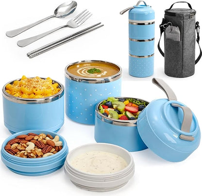 Yopay 3 Tier Insulated Stainless Steel Lunch Box, Portion Control Stackable To go Lunch Container with Thermal Handbag and Cutlery Set for Meal Prep, Salad, Fruits, Picnic, Beach Day, Adults