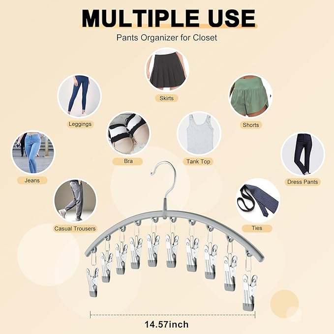 Legging Organizer for Closet, Metal Yoga Pants Hanger w/Rubber Coated 1 Pack w/10 Clips Hold 10 Leggings, Hangers Space Saving Hanging Closet Organizer for Closet Organizers and Storage-Gray