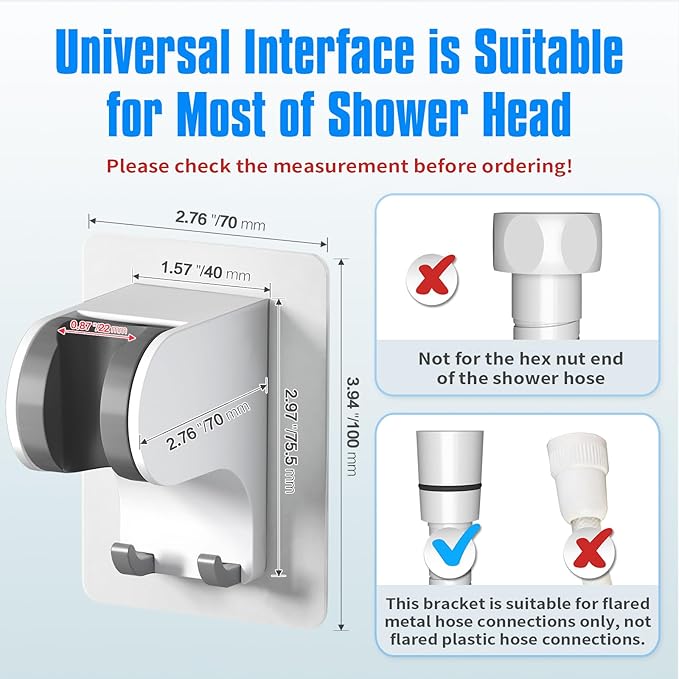 JONKEAN Shower Head Holder Without Drilling, 3m Handheld Shower Head Holder Adhesive, 50°Adjustable Shower Wand Holder Wall Mount, Shower Head Bracket with Hook (White, 1 Pack)