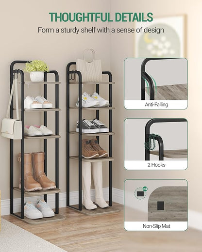 6 Tiers Vertical Shoe Rack, Narrow Shoe Tower, Tall Shoes Shelf with 2 Hooks, Adjustable Shelves, Corner Shoes Shelves for Small Spaces, Entryway, Living Room, Greige, SR04205B