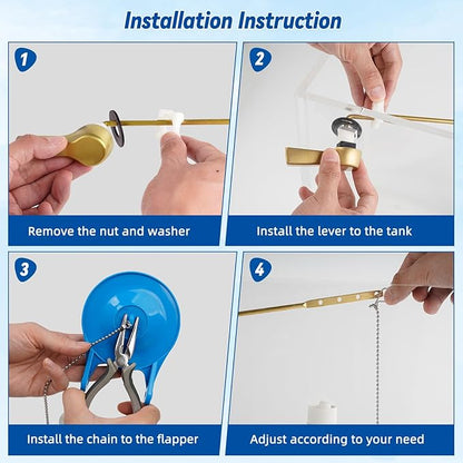 Hibbent Universal Front Mount Metal Toilet Handle Replacement Kit, Brass Toilet Tank Flush Lever with Stainless Steel Adjustable Flapper Chains for Most Toilets, Brushed Gold