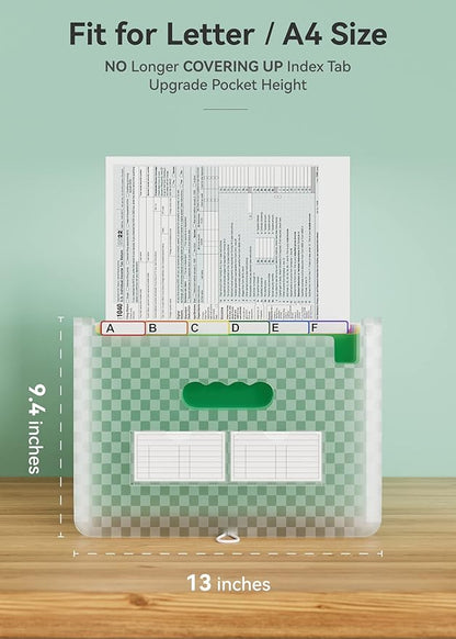 ABC life 26-Pocket Accordion File Organizer, Expandable Monthly Bill & Receipt Holder with Colored A-Z Tabs, Portable Folder Organizer for Home Office School, Fits Letter/A4 Size - Green