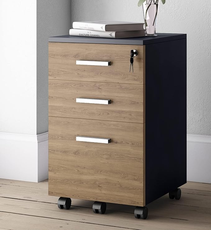 Modern Design Lazio File Cabinet, Filing Cabinets for Home Office, Drawers for Under Desk, Locking 3 Drawer Rolling Wood Filing Cabinet with Lock, Walnut and Black, by Crafts and Comfort