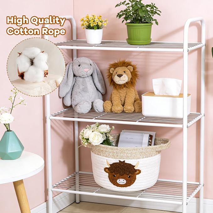 Highland Cow Gift Basket - Small Woven Cotton Rope Organizer Basket for Nursery, Pet Toys & Baby Shower, Foldable Decorative Bin with Handles (7.8x6in)