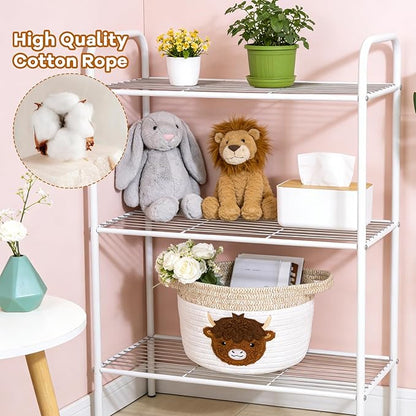 Highland Cow Gift Basket - Small Woven Cotton Rope Organizer Basket for Nursery, Pet Toys & Baby Shower, Foldable Decorative Bin with Handles (7.8x6in)