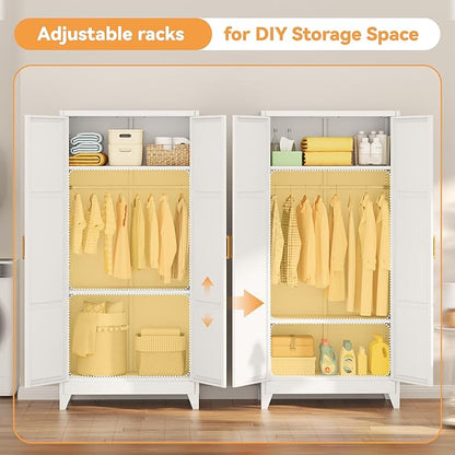 INTERGREAT 71” H Metal Wardrobe Cabinets with 2 Doors, Large Clothing Storage Cabinets with Hanging Rod and Adjustable Shelves, Closet for Home Living/Laundry Room(White)