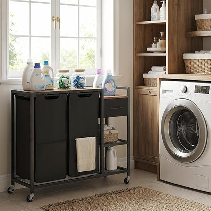 HOOBRO 2 Section Laundry Sorter with Shelf, 24 Gal. (90.8 L) Laundry Hamper with Wheels, Rolling Laundry Basket with Fabric Drawer, 3-Tier Shelves, Side Pockets, Black and Rustic Brown BF27XY01