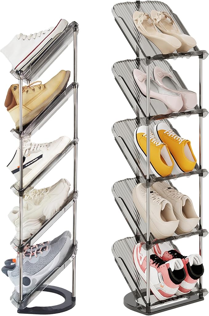 2 Pack Sloping Narrow Shoe Rack 5 Tiers - Free Standing Vertical Shoes Racks for Small Spaces and Corner, Shoe Storage Organizer for Entryway, Tall Slim Shoe Shelf Cabinet for Shoes and Boots