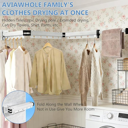 Clothes Drying Rack, Upgrade 3-Fold Wall Mounted Drying Rack Clothing, Laundry Space Saver Retractable Collapsible for Indoor Outdoor Balcony,Laundry,Bathroom, White