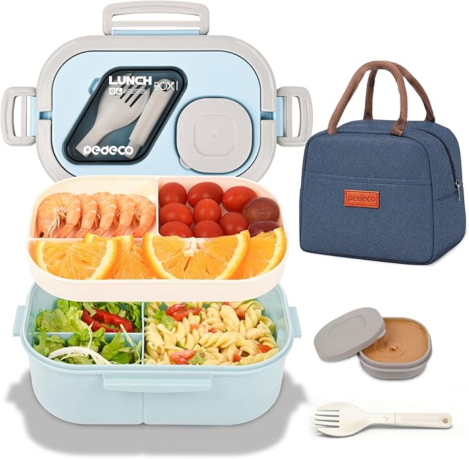 Lunch Containers Bento Box Set for Adults & Kids with Insulated Bag, Leakproof 3-Compartment and 2-Tier Stackable Container with Portable Sauce Pod, Microwave/Dishwasher Safe, BPA-Free (Blue)