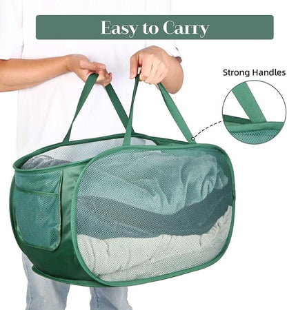 4 Pack Collapsible Laundry Baskets, Foldable Laundry Basket with Pocket, Durable Pop Up Hampers, Reinforced Handles Dirty Clothes Hamper for Laundry, Bedroom, Bathroom, Dorm, Travel or Camping Green