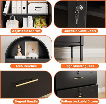 Tall Black Arched Bookcase, Metal Arched Bookshelf with 2 File Drawers and Locking Glass Doors,Assemble Required