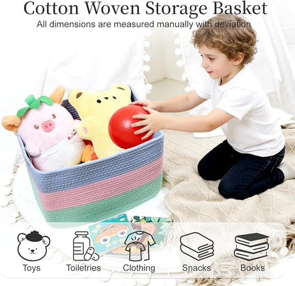 Hopegiver Rainbow Storage Baskets Set of 3, Cotton Rope Toy Storage Bins with Handles, Colorful Woven Nursery & Kids Playroom Organizer Baskets
