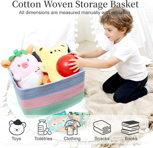 Hopegiver Rainbow Storage Baskets Set of 3, Cotton Rope Toy Storage Bins with Handles, Colorful Woven Nursery & Kids Playroom Organizer Baskets
