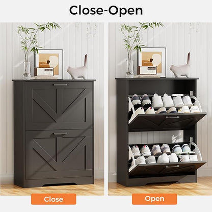 Farmhouse Shoe Cabinet for Entryway with Barn-Style Flip Drawers, Narrow Shoe Storage Organizer with Top Display Shelf, Adjustable Shelves, Shoe Rack for Hallway, Closet- (Black, 24")