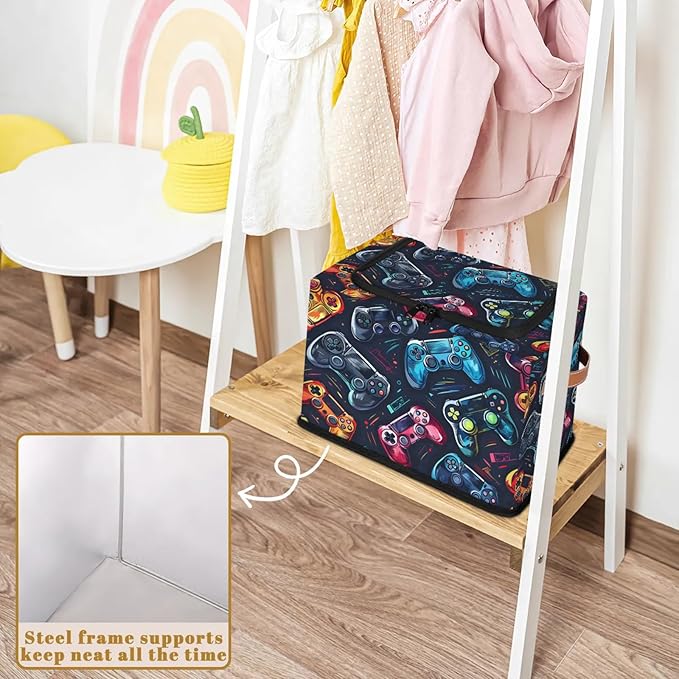 Video Game Storage Bins with Zipper Lid, Collapsible Fabric Storage Basket with Leather Handles Closet Shelf Cloth Organizer Basket for Nursery Bedroom Clothes Toy
