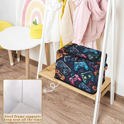 Video Game Storage Bins with Zipper Lid, Collapsible Fabric Storage Basket with Leather Handles Closet Shelf Cloth Organizer Basket for Nursery Bedroom Clothes Toy