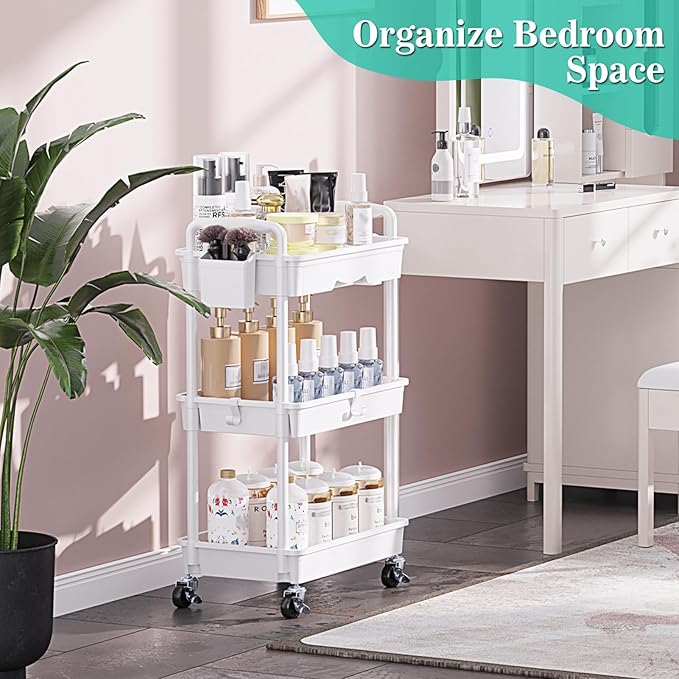 3 Tier Rolling Cart with Drawer, Bathroom Storage Organizer with 2 Lockable Wheels, Multifunctional Rolling Storage Cart for Bathroom, Kitchen, Office, Craft, Makeup, Baby Essentials, White