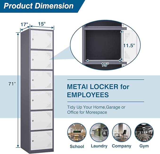 Metal Locker Cabinet with 6 Doors, 71" Storage for Employees, 6 Tier Steel Locker with Lock and Keys for School, Gym, Home, Office Staff (Grey White)