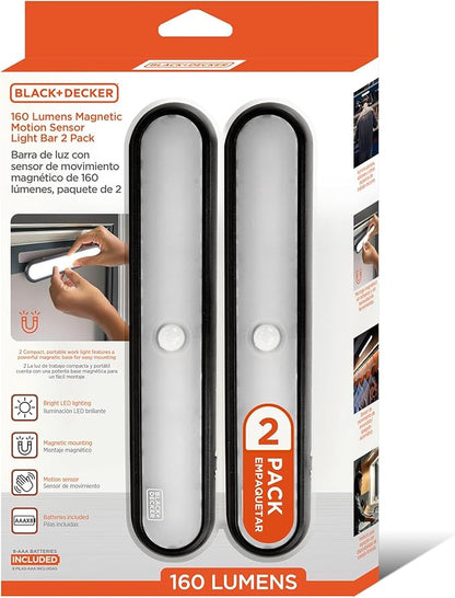 BLACK+DECKER 2-Pack 160LM LED Light Bars, Touchless Motion Sensor, Magnetic Mount, Powered with AAA Batteries, Slim and Portable Design to Brighten Indoor Rooms, Closets, Garages, Shelving (2-Pack)