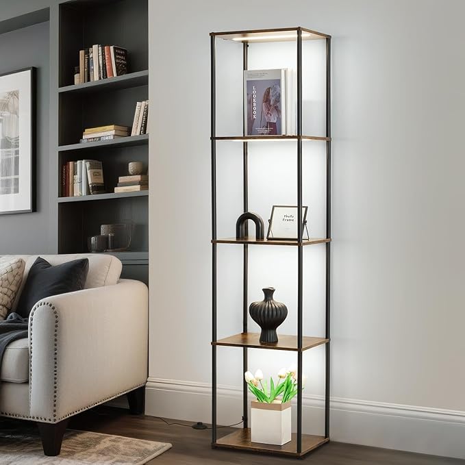 Tall Display Shelf with Lights, Dimmable LED Display Cases for Collectibles, Curio Cabinet with Adjustable Color Temperature, 5-Tier Corner Bookshef with Light, Floor Lamp with Shelves for Living room