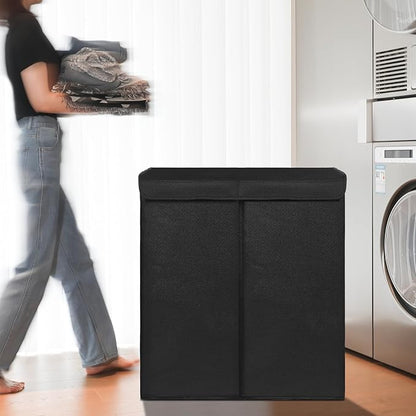 DOKEHOM 150L Double Laundry Basket with Lid and Removable Laundry Bags, Large Collapsible Laundry Hamper with 2 Sections for Bedroom, Bathroom, Laundry Room, Colloge (Black)