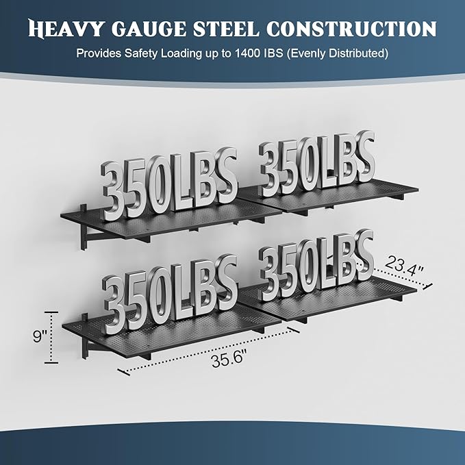 4 Pack Heavy Duty Garage Wall Shelving (2x3ft), 1400lbs Capacity Garage Shelving Wall Mounted, 24"x72"Garage Storage Rack Floating Shelves, Black