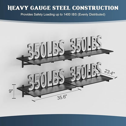 4 Pack Heavy Duty Garage Wall Shelving (2x3ft), 1400lbs Capacity Garage Shelving Wall Mounted, 24"x72"Garage Storage Rack Floating Shelves, Black