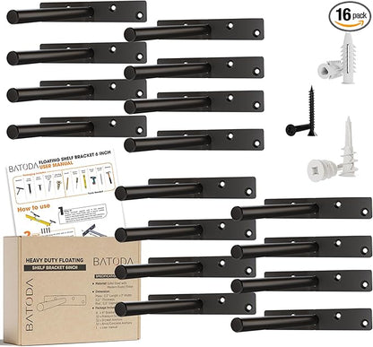 BATODA 6" Floating Shelf Bracket Heavy Duty (16 pcs) – Solid Steel Blind Shelf Supports - Hidden Brackets for Floating Wood Shelves - Blind Shelf Support - Shelving Mounting Hardware Included (Pack16)